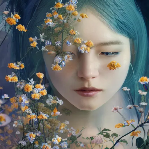 Image similar to breathtaking detailed concept art painting of the goddess of nemophila flowers, orthodox saint, with anxious, piercing eyes, ornate background, amalgamation of leaves and flowers, by Hsiao-Ron Cheng, James jean, Miho Hirano, Hayao Miyazaki, extremely moody lighting, 8K