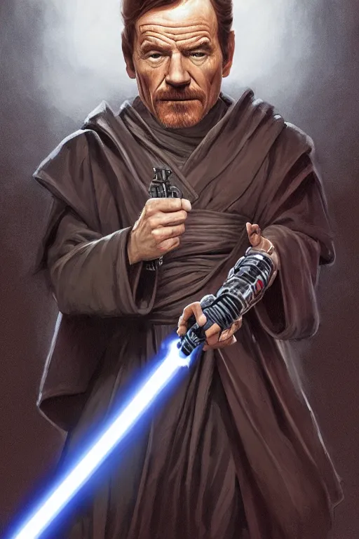 Prompt: Bryan Cranston as a Jedi Master with his fingers coiled around a lightsaber's handle, looking at the viewer, detailed face, high contrast, highly detailed, digital painting, sharp focus, trending on artstation, concept art, illustration, Star Wars art, art by greg hildebrandt and clayton crain
