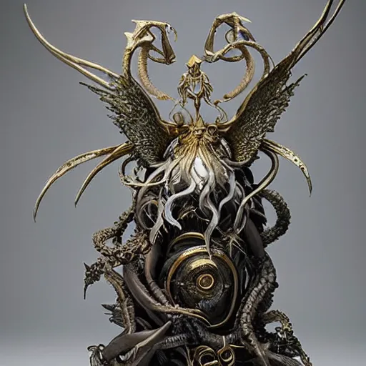 Image similar to angelarium, illithid, cthulhu, white with gold accents, sculpture by ellen jewett