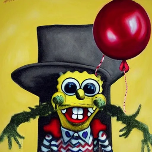 Image similar to grunge painting of spongebob with a wide smile and a red balloon by chris leib, loony toons style, pennywise style, corpse bride style, horror theme, detailed, elegant, intricate