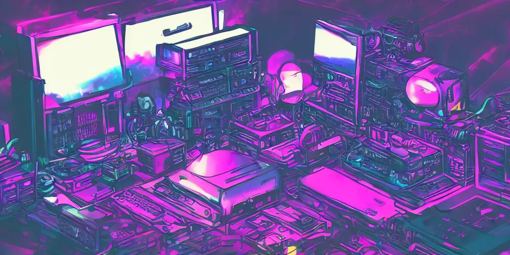 Image similar to discord moderator in front of a computer, lo-fi beats, synthwave