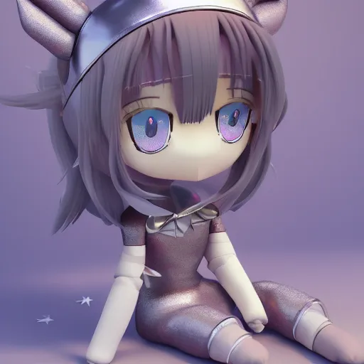 Image similar to cute fumo plush of a metallic reflective girl, global illumination reflectance probe, ssao, chibi anime, magical girl, beach, witch, vray