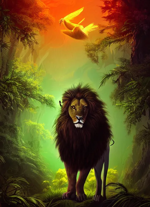 Prompt: portrait of a mythological beast with lion body and bird wings in the middle of a lush forest at night. diffuse neon light, dramatic landscape, fantasy illustration, matte painting