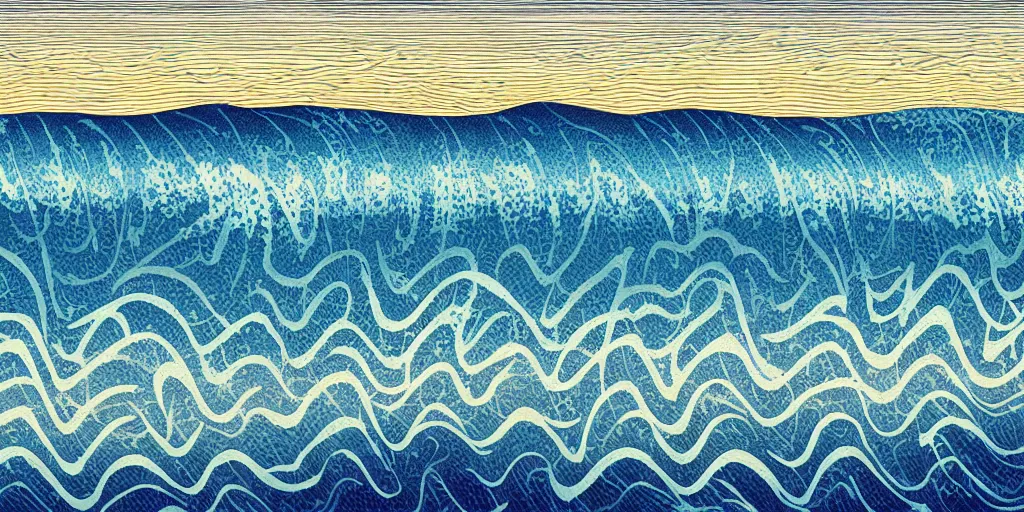 Prompt: clouds and waves, An aesthetically pleasing, dynamic, energetic, lively, complex, intricate, detailed, well-designed digital art of a beach, ripples, waves, sea foam, light and shadow, overlaid with aizome patterns, Shin-hanga by Bob Ross, traditional Japanese colors, superior quality, masterpiece, featured, trending, award winning, HDR, 8K