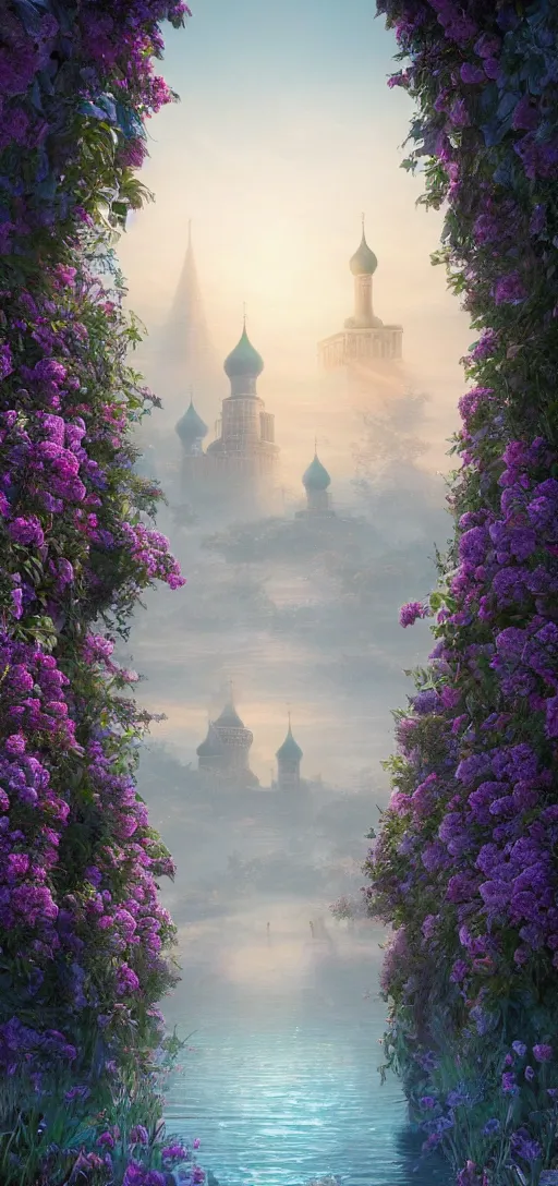 Image similar to vanishing point, palace like the kremlin in distance on a lake is covered with aqua blue roses, viewed from afar, stephen bliss, misty, unreal engine, fantasy art by greg rutkowski, loish, ferdinand knab, and lois van rossdraws,, global illumination, radiant light, minimalist, detailed and intricate environment