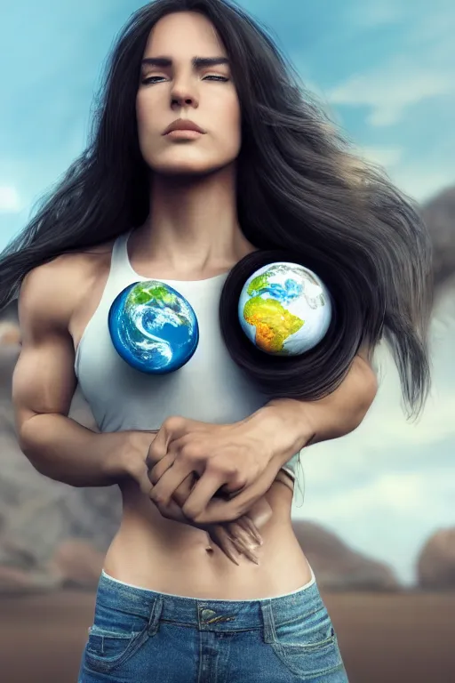 Prompt: a beautiful muscular woman wearing casual clothes carrying a giant planet Earth on her back, long hair, beautiful, hyperrealistic, concept art, octane render, unreal engine 5, trending on Artstation, high quality, 8K, soft lighting, trending on DeviantArt, highly detailed, high quality, digital art, anatomically correct, five fingers, desert in the background, path traced, complementary colors, natural lighting, epic image