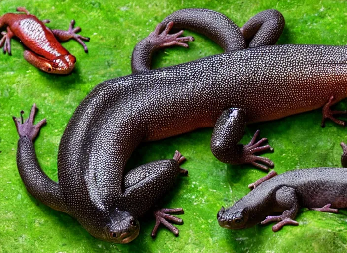 Image similar to Comparison between the common salamander and the giant salamander. Comparative anatomy. Adaption for size and weight.