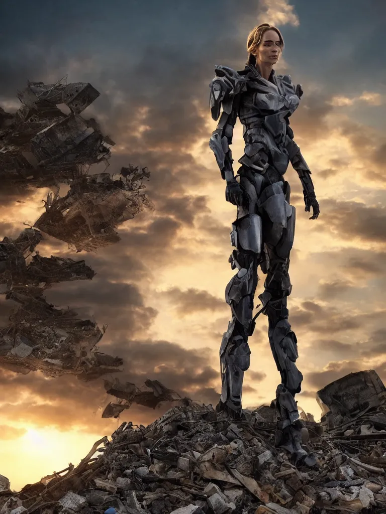 Prompt: emily blunt in futuristic power armor, standing atop a pile of rubble, sunset and big clouds behind her