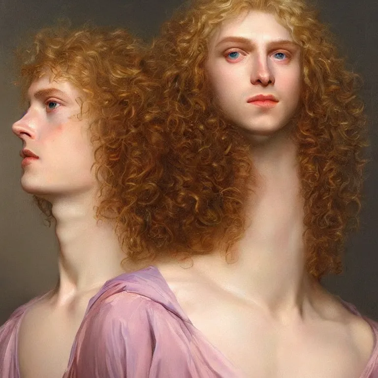 Image similar to a striking hyper real painting of Lucius the pretty pale androgynous albino prince, golden hour, beautiful delicate smile soft pink lips and lavender eyes, long fluffy curly light blond hair by Jan Matejko