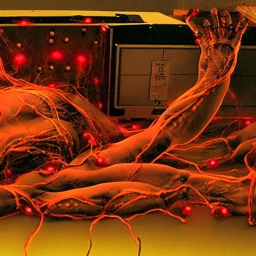 Image similar to scene from existenz, cinematic, a large box made out of human flesh, doom monster, electronic circuitry, skin, flesh!, blood, clumps of hair, lights, led, computer