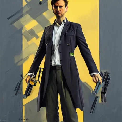 Prompt: greg manchess portrait painting of fully armored david tennant the 1 0 th doctor as overwatch character, medium shot, asymmetrical, profile picture, organic painting, sunny day, matte painting, bold shapes, hard edges, street art, trending on artstation, by huang guangjian and gil elvgren and sachin teng