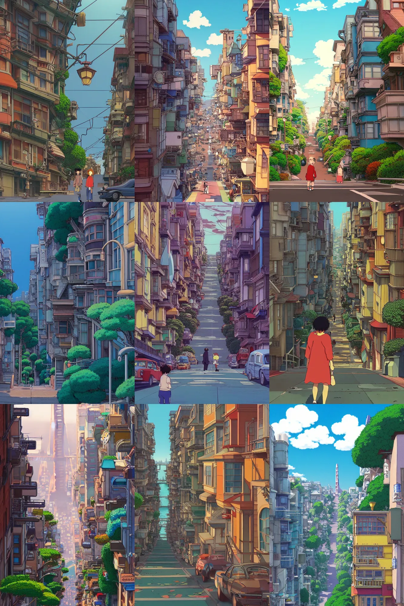 Image similar to still from studio ghibli movie'alone in san francisco'; very detailed, focused, colorful, antoine pierre mongin, trending on artstation ; 8 k ;