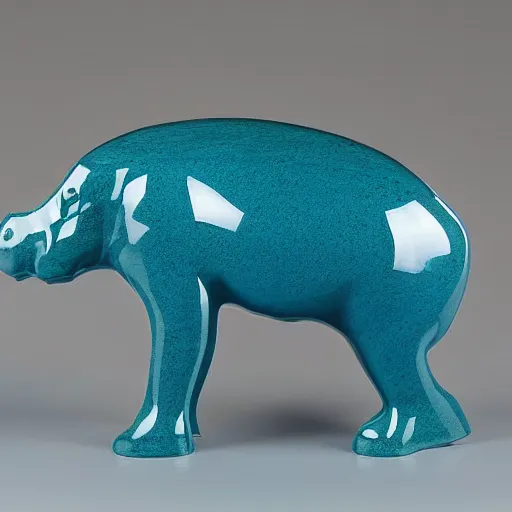 Image similar to a smooth glossy acrylic hippopotamus made of woodgrain and teal blue ceramic, hd photograph