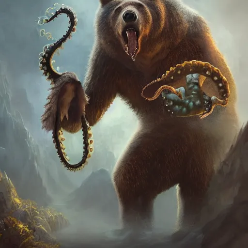 Image similar to bear with scales, bear legs, a fin on the back, tentacles arms and a second mouth on the chest, matte painting, MTG, magic the gathering, cgsociety, 8k, high resolution, concept art, cgsociety, octane render, trending on artstation, artstationHD, by David Lazar and Annie Leibovitz 500px photos, top cinematic lighting , cinematic mood, very detailed, shot in canon 50mm f/1.2