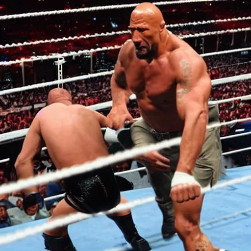 Image similar to Dwayne the Rock Johnson versus Jesus Christ, WWE wrestling match, hell in a cell