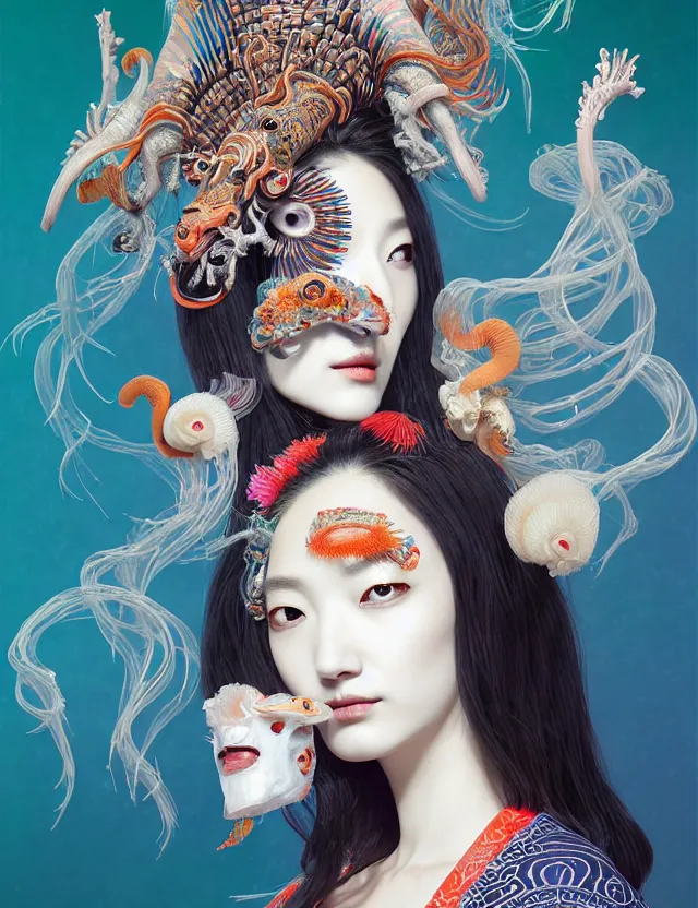 Image similar to 3 d slvic goddess half - turn portrait with long hair with ram skull. beautiful intricately detailed japanese crow kitsune mask and clasical japanese kimono. betta fish, jellyfish phoenix, bio luminescent, plasma, ice, water, wind, creature, artwork by tooth wu and wlop and beeple and greg rutkowski