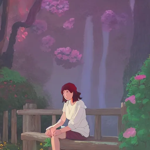 Image similar to woman sitting in a fantasy garden, cottagecore, atey ghailan, goro fujita, studio ghibli, rim light, sharp lighting, clear focus, very coherent,