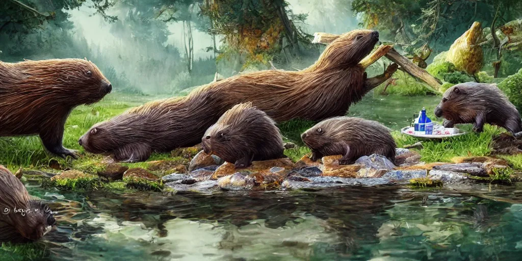 Image similar to Beavers having a picnic, watercolor, realistic 4k octane beautifully detailed render, 4k post-processing, highly detailed, intricate complexity, epic composition, magical atmosphere, cinematic lighting, masterpiece, ultra hd