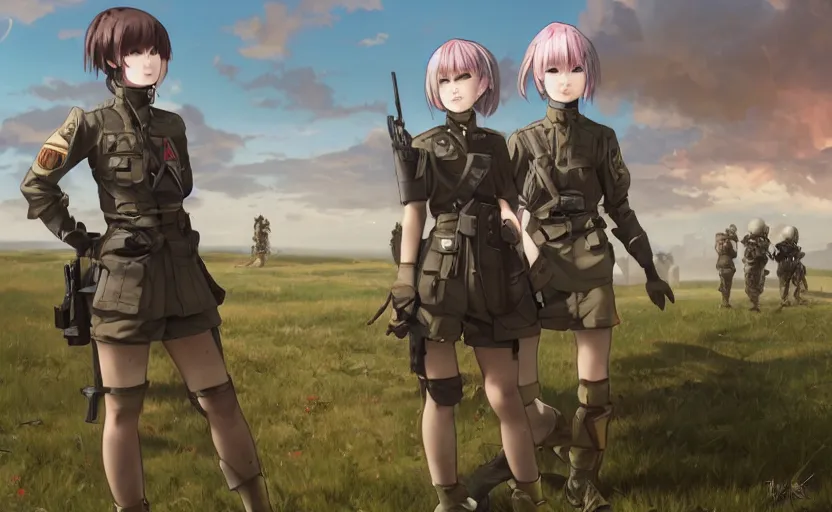 Image similar to panoramic view, girl, soldier clothing, battlefield in background, anime style, short hair, hair down, symmetrical facial features, combat googles, from arknights, hyper realistic, 4 k, extreme detail, detailed drawing, trending artstation, safebooru, realistic lighting, by alphonse mucha, ilya kuvshinov, greg rutkowski, sharp focus