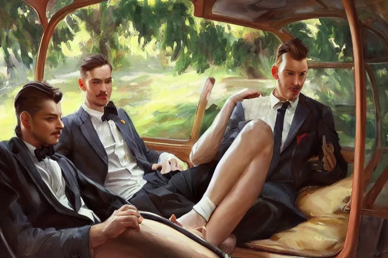 Image similar to 2 attractive men sitting on a coach in forest, painting by vladimir volegov, j. c. leyendecker, tom of finland, trending on artstation