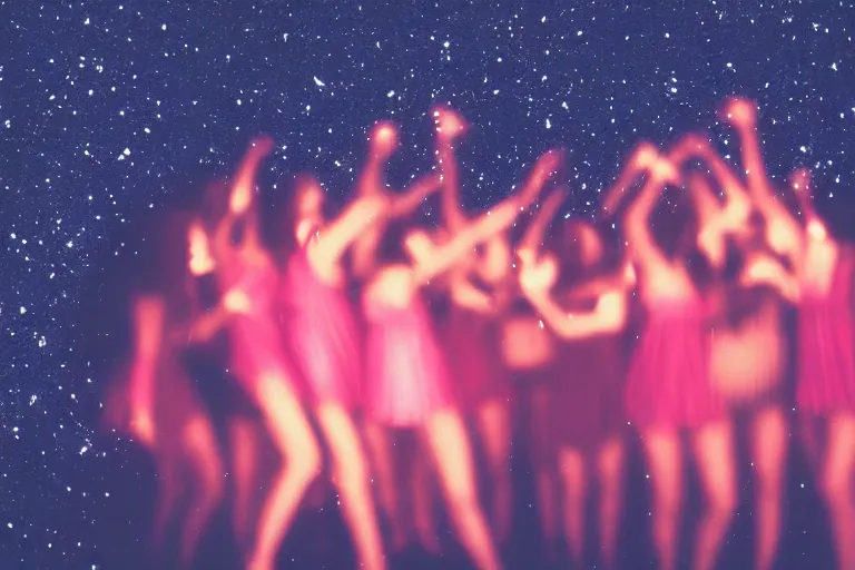 Image similar to blured shadows of dancing young women on pink light, close-up, focused background blue night sky with stars and orange campfire, polaroid photo