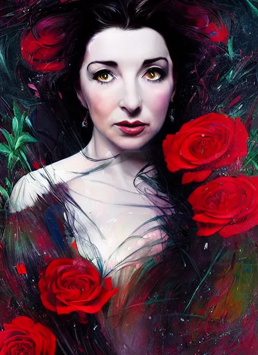 Prompt: portrait of kate bush against a neon multicolored background, lush black hair, pale skin, red roses, flowing material, intricate, beautiful cinematic lighting, stunning painting by caravaggio, android jones, wadim kashin