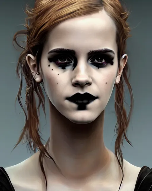 Prompt: goth cyberpunk portrait of emma watson, au naturel, hyper detailed, digital art, trending in artstation, cinematic lighting, studio quality, smooth render, unreal engine 5 rendered, octane rendered, art style by klimt and nixeu and ian sprigger and wlop and krenz cushart.