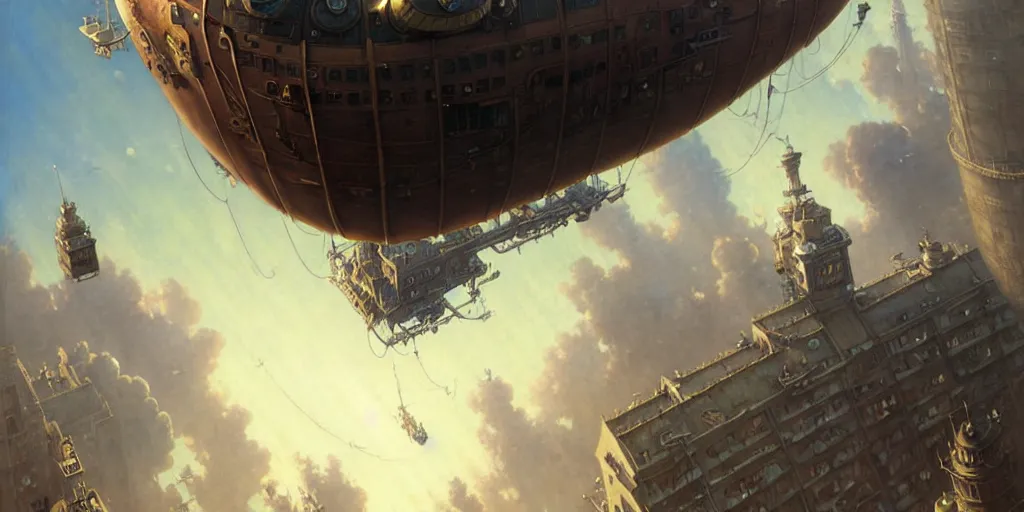 Image similar to steampunk airship above a busy city, exquisite details, denoised, mid view, by norman rockwell, karl kopinski, artsation, greg rutkowski, makoto shinkai, takashi takeuchi, studio ghibli