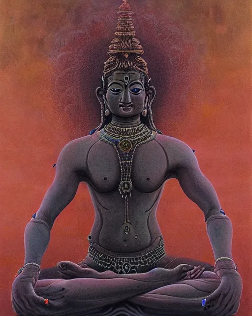 Prompt: One many-armed Shiva sits in the lotus position. In the background gasoline on the water. Dark colors, extremely high detail, hyperrealism, masterpiece, close-up, ceremonial portrait, solo, rich deep colors, realistic, art by Yoshitaka Amano, Beksinski