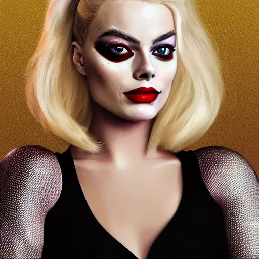 Prompt: beautiful margot robbie with harley quinn makeup, highly detailed, realistic face, amazing digital art