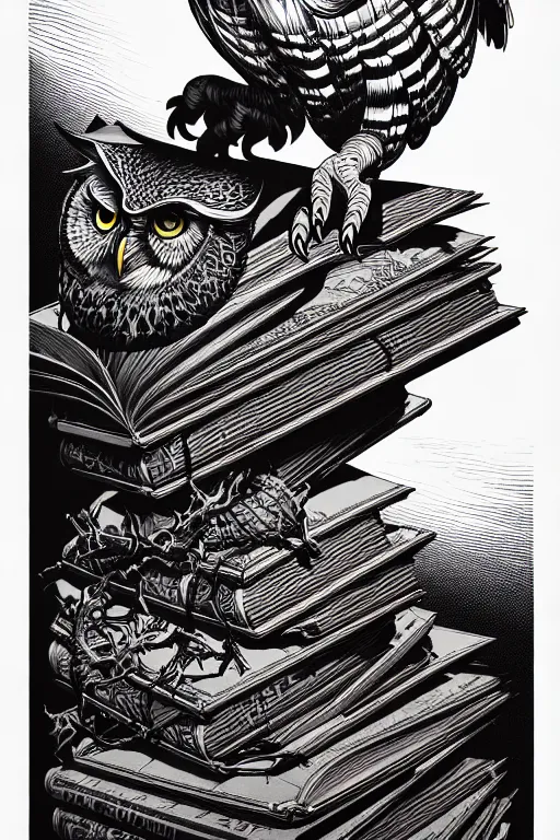 Image similar to side view of a majestic owl sitting on pile of books, high details, bold line art, by vincent di fate and joe fenton, inking, etching, screen print, masterpiece, trending on artstation, sharp, high contrast, hyper - detailed,, hd, 4 k, 8 k