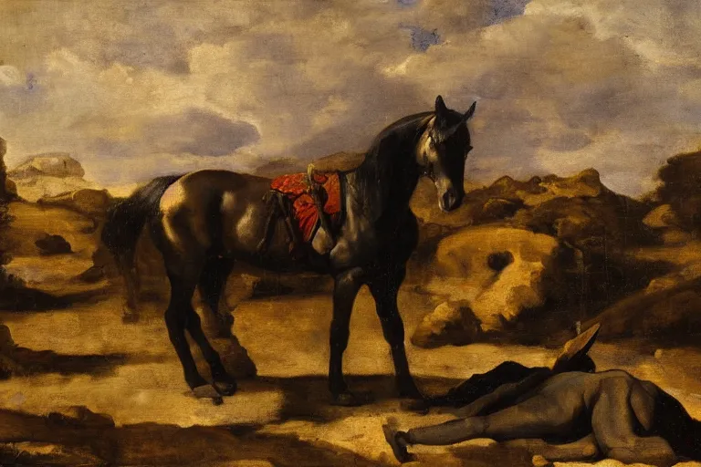 Prompt: a horse laying on the ground, swords in the bare terrain by velasquez, dark tones, oil painting 4 k