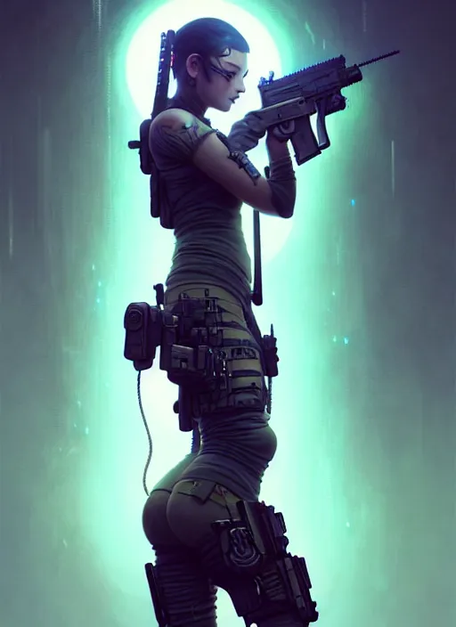 Image similar to girl covered with tattoos wearing tactical gear, intricate lights, bio luminescent, plasma, by ruan jia and artgerm and range murata and wlop and ross tran and william - adolphe bouguereau and beeple. key art. fantasy illustration. award winning, artstation, intricate details, realistic, hyperdetailed, 8 k resolution.