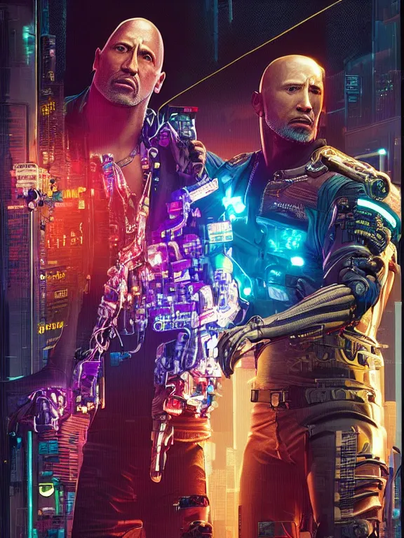 Prompt: a cyberpunk 2077 couple portrait of Dwayne Johnson and Johnny Silverhand,complex mess of cables and wires behind them connected to giant computer,love,film lighting,by laurie greasley,Greg Hildebrandt,Donato Giancola,William Morris,Dan Mumford,trending on atrstation,full of color,face enhance,highly detailed,8K, octane,golden ratio,cinematic lighting