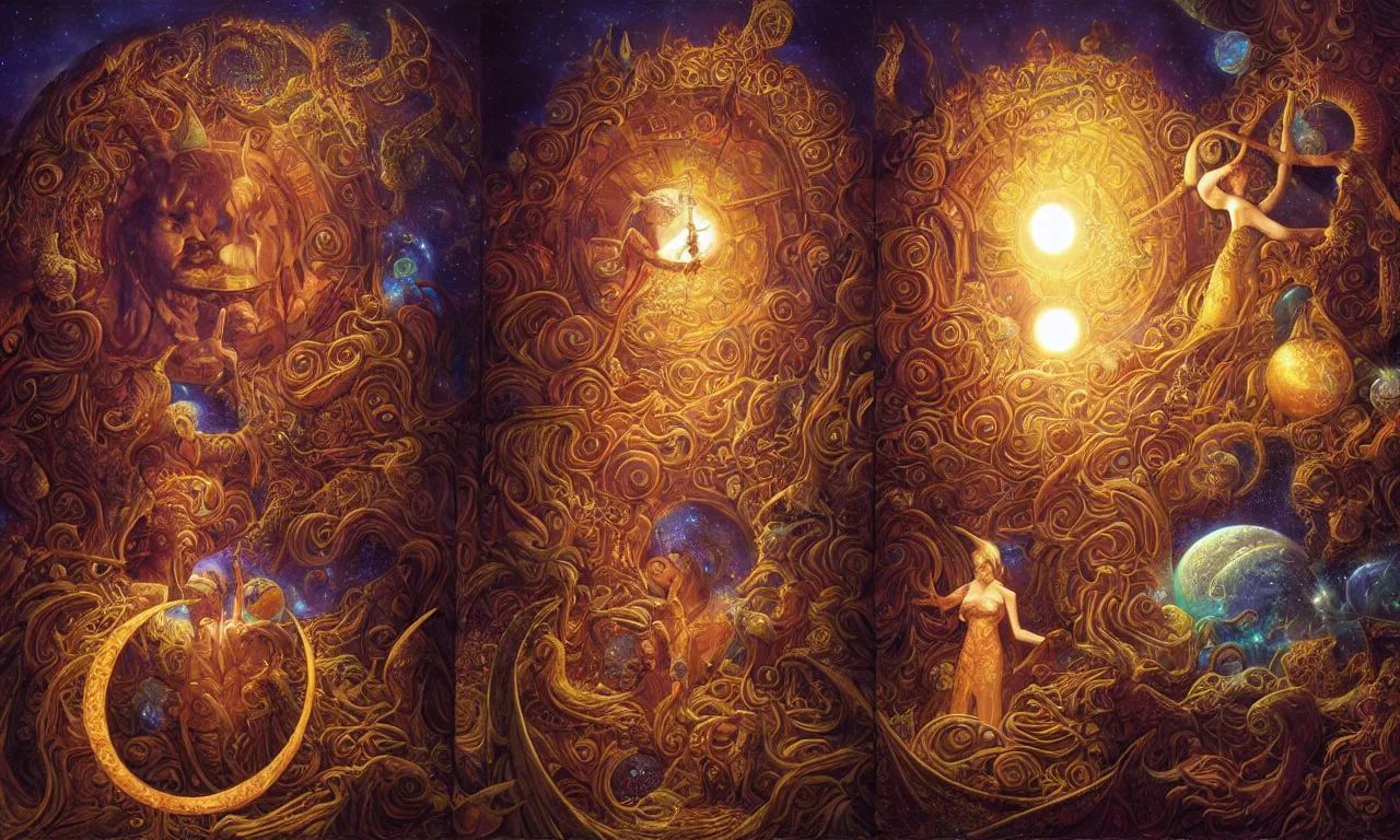 Image similar to sun king and moon queen in the cosmic court of mystical astronomy, art by james c. christensen and marc simonetti