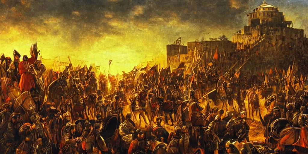 Image similar to Mehmed the 2nd entering Conatantinople with his army, sunset, light rays, cinematic, oil painting
