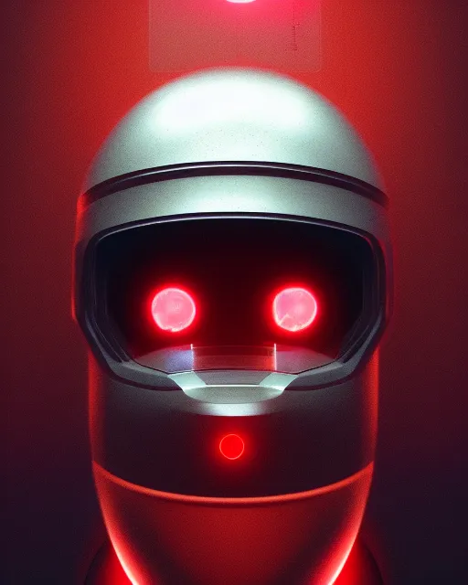 Prompt: portrait of sentient machine with oval helmet with a red chip on left side, by greg rutkowski, wlop, beeple, dan mumford, octane render, trending on artstation, symmetrical artwork. cinematic, key art, hyperrealism, high detail, 8 k