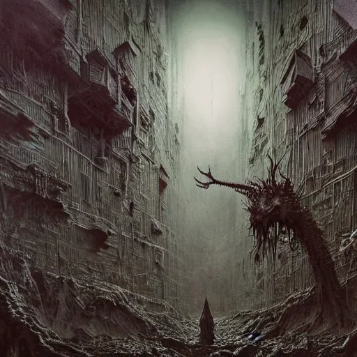 Image similar to an epic horrifying fantastic hyperdetailed 3 d matte painting photo taken with nikon d 7 5 0 an of a decaying eldritch creature partially covered with grafitti art by moebius by zdzisław beksinski by jakub rozalski by nekro