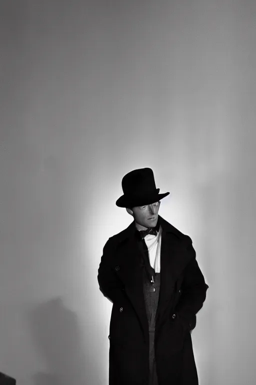 Image similar to man posing in the dark with a fedora hat and a trench coat, 1 9 5 0 s noir film style character