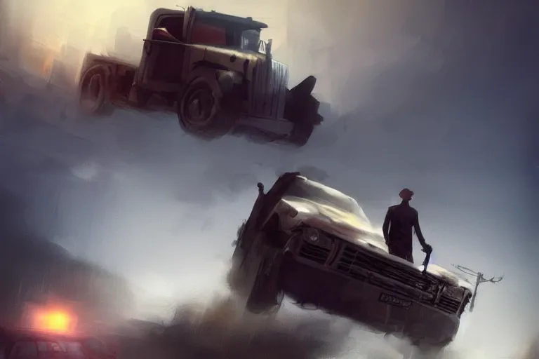 Prompt: epic concept art of a man standing with an oncoming truck. backlighting. strong contrast. by ashley wood and j. m. w. turner, speed painting, photo bash, cinematic angle, super detailing, strong perspective