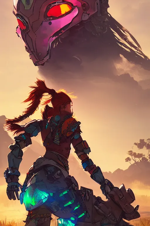 Image similar to combination suit armor aloy horizon forbidden west horizon zero dawn radiating a glowing aura global illumination ray tracing hdr fanart arstation by ian pesty and alena aenami artworks in 4 k tribal robot ninja mask helmet backpack