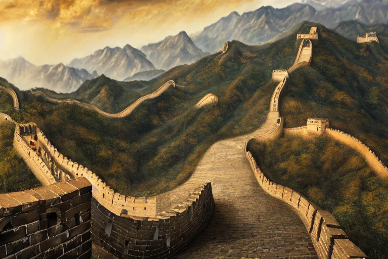 Prompt: photorealistic painting of the Great Wall Of China being destroyed by alien weapons by Samuel Palmer and Bernardo Bellotto, gloomy, rainy, terror, doom, octane render, 8k, award-winning, trending on artstation