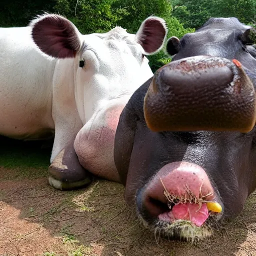 Prompt: a cow taking a selfie with his hippo friend