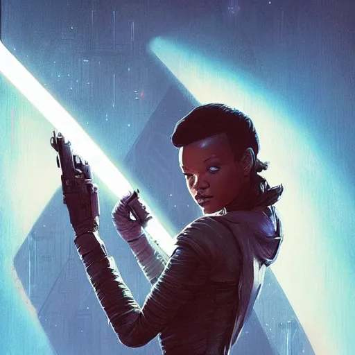 Image similar to star wars with lord Rihanna profile picture by Greg Rutkowski, intricate details, futuristic, volumetric lights, streetwear, studio ghibli, Organic Painting , Matte Painting, geometric shapes, hard edges, trending on the artstation, fantasy LUT, realistic by Sachin Teng + Martin Grip + Moebius + Patrick Gleason, smooth, sharp focus, illustration, art by John Collier and Albert Aublet and Krenz Cushart and Artem Demura and Alphonse Mucha, techwear, Industrial Scifi, detailed illustration, character portrait,