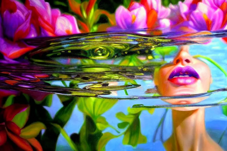 Prompt: hyperrealism, close-up portrait, melting cyborg hiding in the flowers, water reflection, mirrors, love and peace, calm colors, soft light, in style of classicism