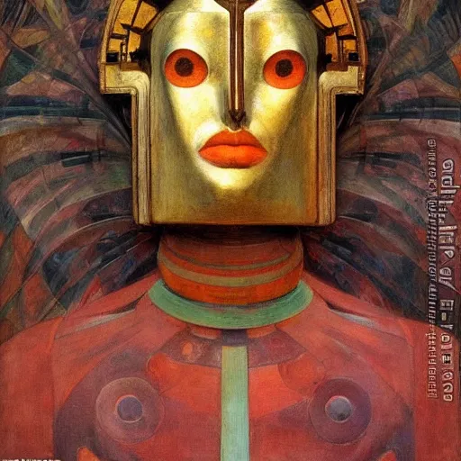 Image similar to the robot in her bird mask, by Annie Swynnerton and Diego Rivera , symbolist, dramatic lighting, elaborate geometric ornament, Art Brut, god rays, soft cool colors,smooth, sharp focus, extremely detailed, Adolf Wölfli and (Donato Giancola)