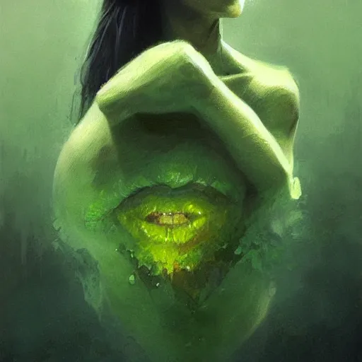 Image similar to portrait of green noise an amorphous blob of love painted by greg rutkowski, wlop, artgerm,