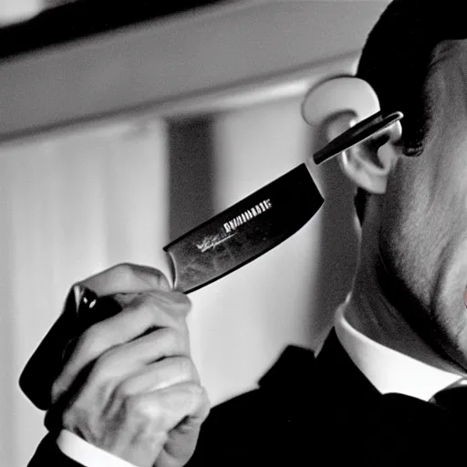 Prompt: Emmanuel Macron using a knife in American Psycho (1999)