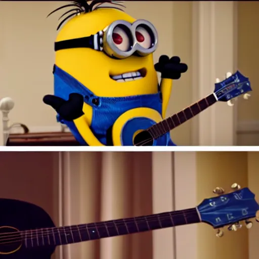 Prompt: super cute minion playing the guitar at the White House, movie still