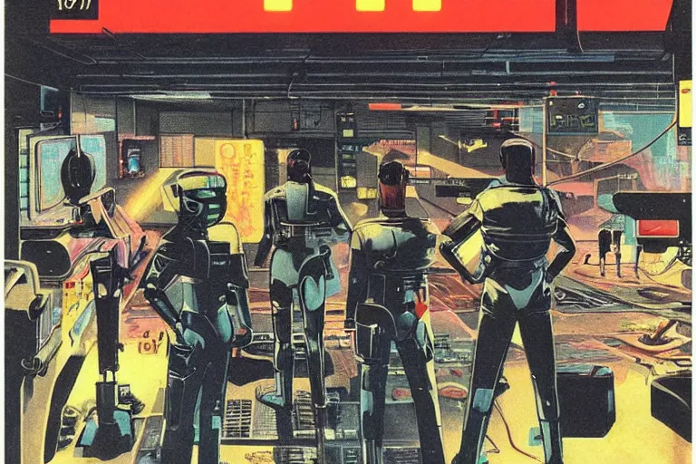 Prompt: 1979 OMNI Magazine Cover of a garage war-room in neo-Tokyo in cyberpunk style by Vincent Di Fate